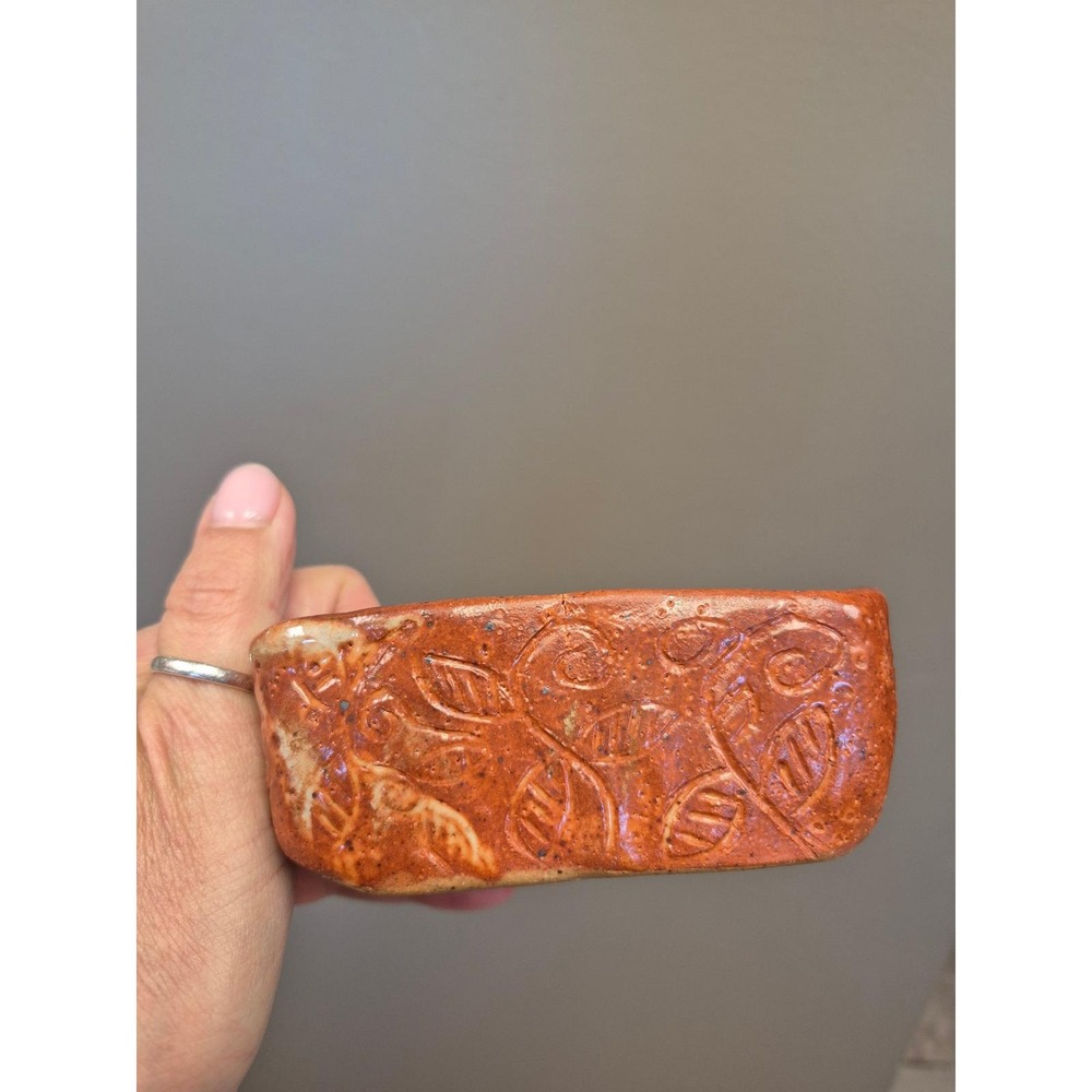 Vintage Handmade Pottery Soap Dish‎ Brown Embossed Floral Trinket Tray